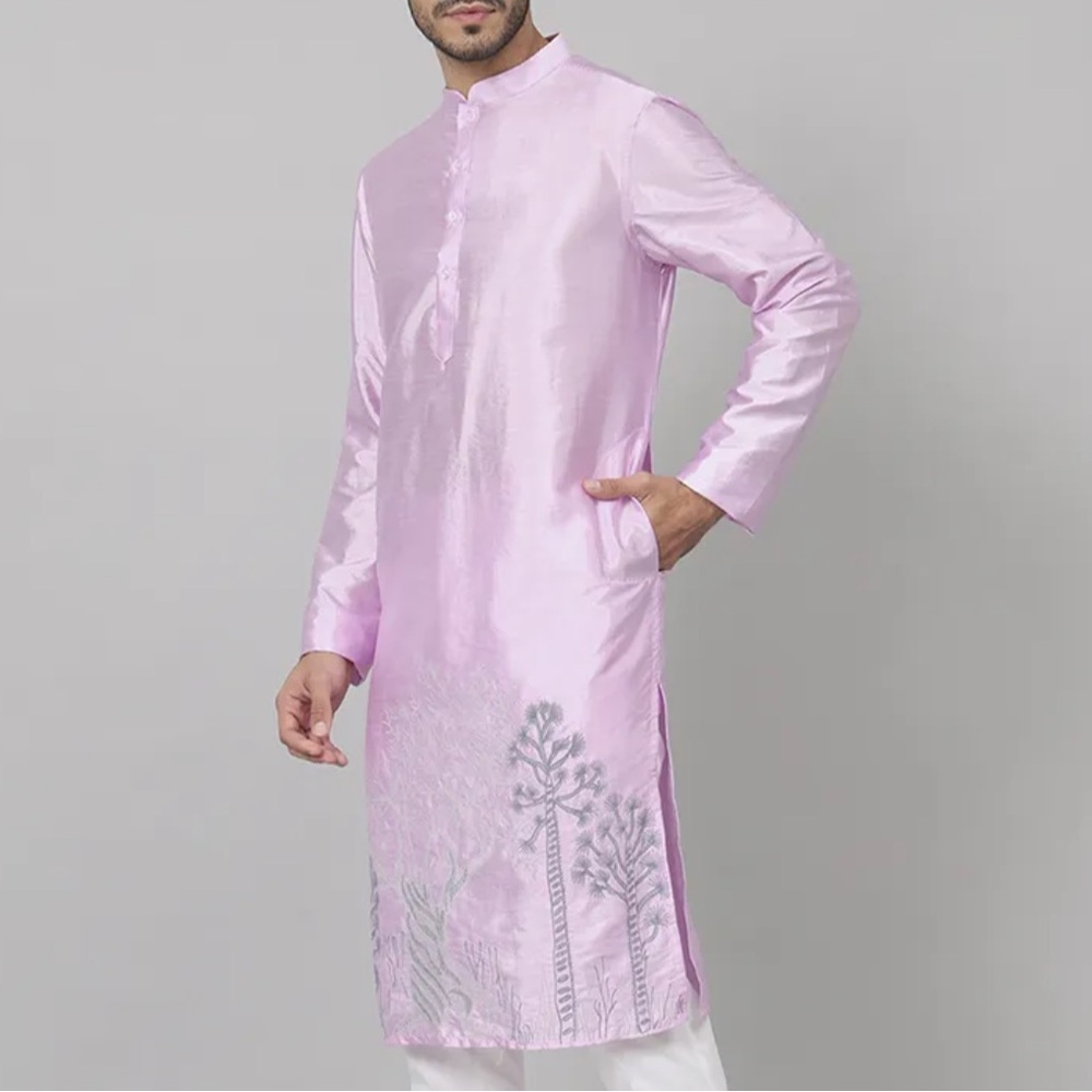 Lavender Orchid Embroidered Silk Kurta For Men